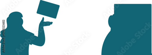 Person holding a signboard while another person looks on from behind a large barrier or wall