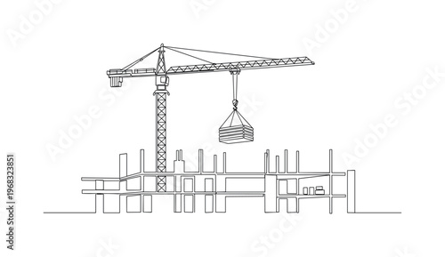 Tower Crane at Work. Minimalistic one-line drawing crane arm extended with hook holding load above building site, continuous single black line on white