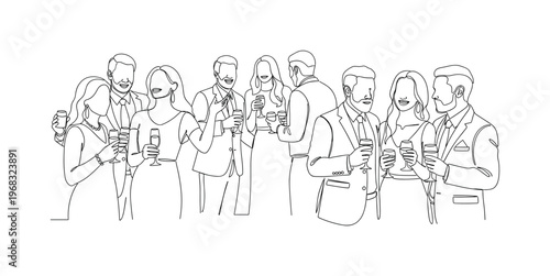 Reception Celebration. Minimalistic one-line drawing guests chatting, holding drinks, and enjoying wedding reception, continuous single black line on white