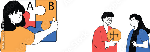 A young teacher points at puzzle pieces while students hold a basketball discussing learning through sports activities together