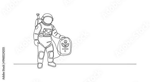 Ancient Alien Research. Minimalistic one-line drawing astronaut sketching symbols found on alien stones, continuous single black line on white background,