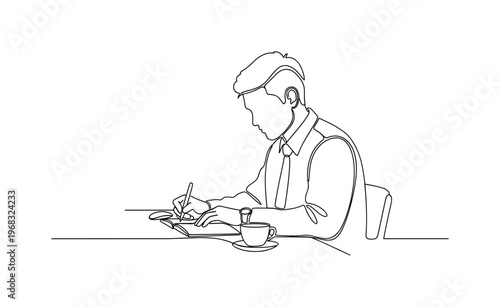 Columnist Work. Minimalistic one-line drawing individual drafting article with coffee cup on desk, continuous single black line on white background, simple
