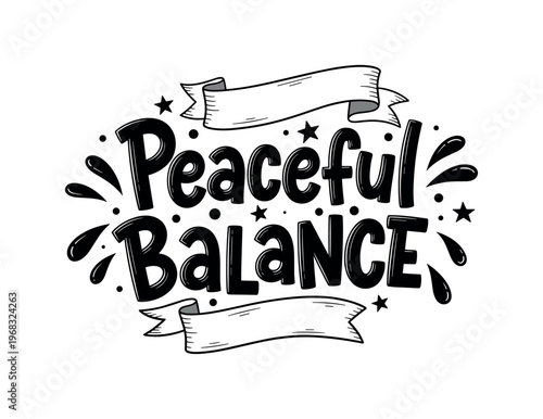 Peaceful Balance. lettering and all elements in black. Vector style. AWhite background. Pure white background. Perfect isolation and visual consistency. Funky