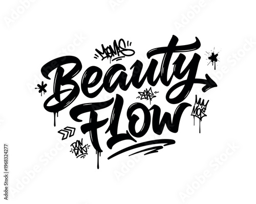 Beauty Flow. lettering and all elements in black. Vector style. AWhite background. Pure white background. Perfect isolation and visual consistency. Dynamic