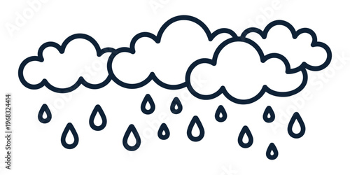 Rainy day with clouds and raindrops, hand drawn vector illustration in black and white, minimalist design representing weather