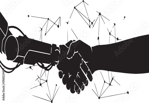 A robotic arm and a human hand shaking in a symbolic partnership