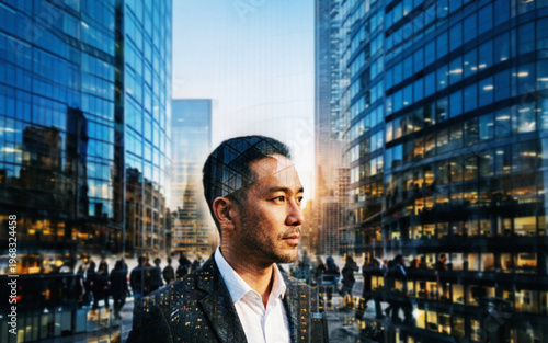 Double exposure of businessman and skyscrapers