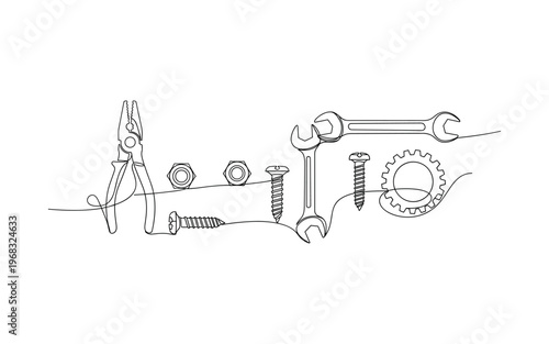 Metal Objects Composition. Minimalistic one-line drawing various metal items arranged aesthetically, continuous single black line on white background, simple