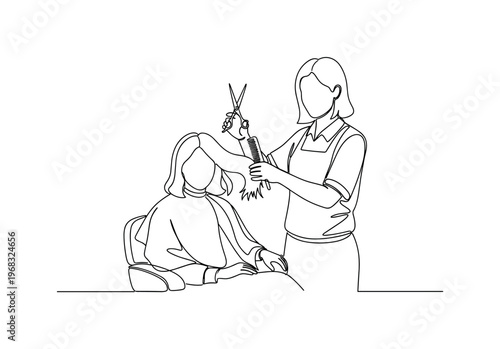 Hair Makeover Consultation. Minimalistic one-line drawing person in salon chair while stylist gestures with scissors and comb, continuous single black line on