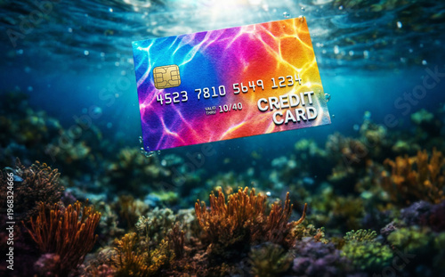 Colorful NFT credit card floating underwater
