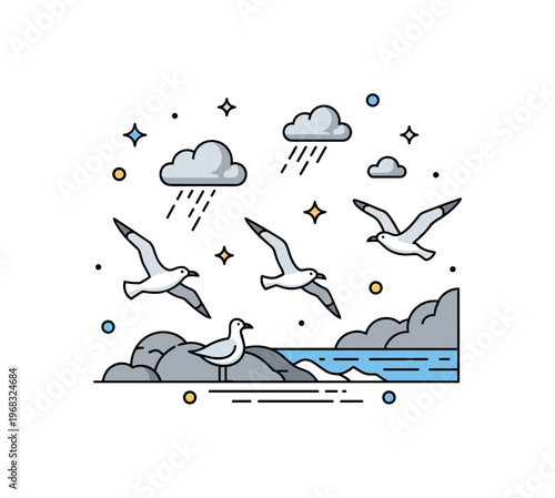 Seagulls flock in stormy weather scene where birds navigate strong coastal winds while small sparkle and line icons emphasize resilience, survival, and