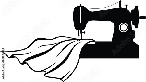 Silhouette Of A Sewing Machine Stitching A Flowing Piece Of Fabric On A White Background