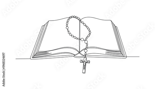 Bible and Rosary. Minimalistic one-line drawing open Bible with rosary draped over, continuous single black line on white background, simple outline style, no