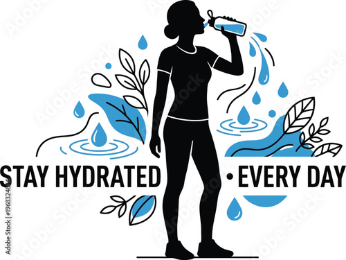 Woman drinking from water bottle surrounded by blue water splashes and leaves Stay Hydrated Every Day