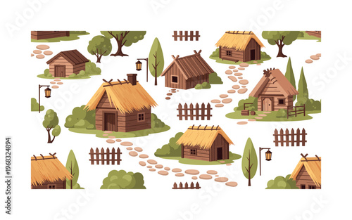 hut seamless pattern, repeating pattern, surface design, textile print, modern illustration of rustic huts, wooden roofs, straw thatch, trees,