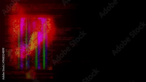 Futuristic animation of an error on an LED display with multicolor noise on a black background. Cyberpunk style background.