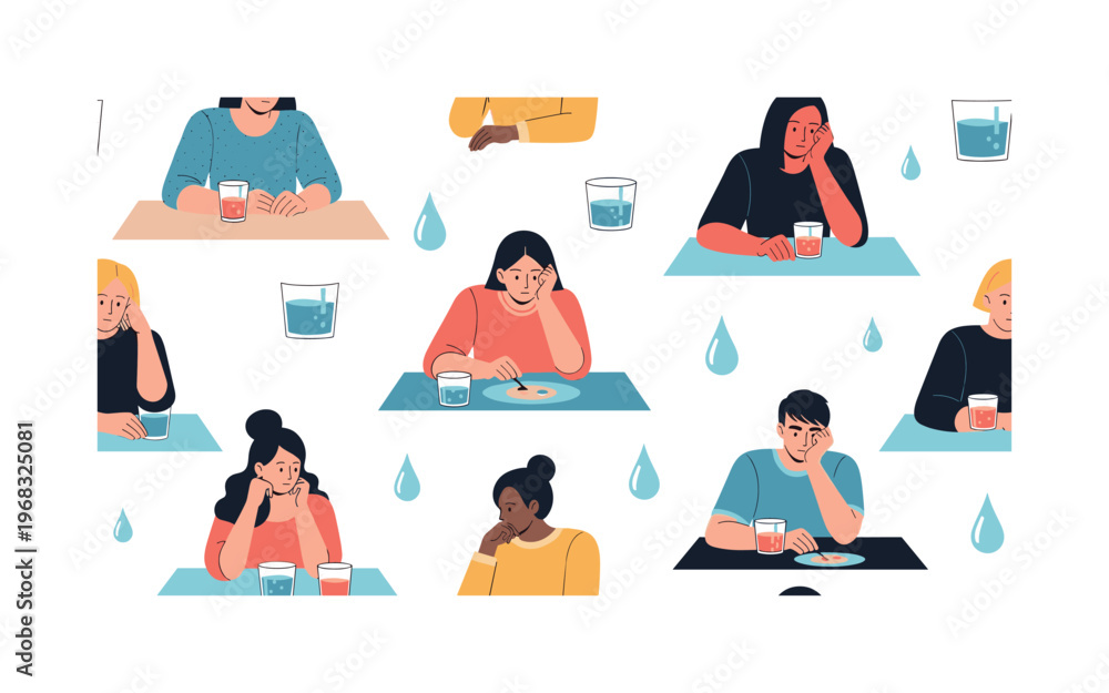Fototapeta premium reflective observation motifs seamless pattern, repeating pattern, surface design, textile print, modern illustration of people looking at half-empty glasses,