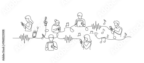 Online Music Community. Minimalistic one-line drawing people engaging via mobile devices with music symbols, continuous single black line on white background,