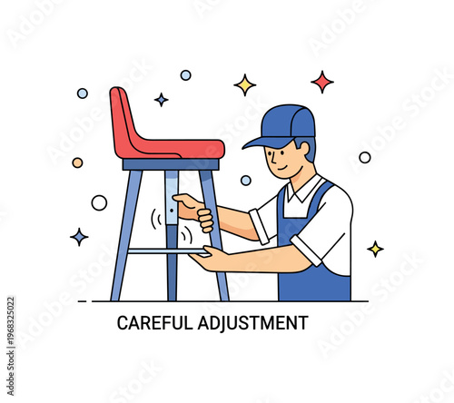 Bar stool leg repair scene where a technician inspects or replaces a leg while tiny sparkle and star icons highlight maintenance, stability, and careful