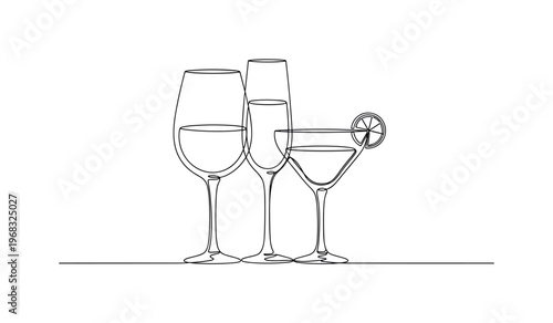 Celebration Drinks. Minimalistic one-line drawing wine glasses, champagne flutes, and cocktail glass together, continuous single black line on white