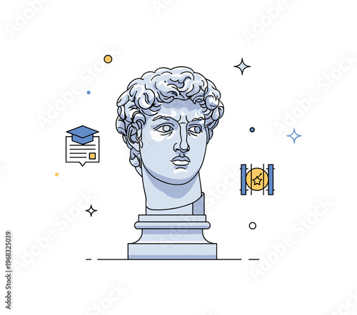 Sculpture marble bust concept where a classical head sculpture is displayed on a stand while tiny sparkle and star icons highlight refinement, artistry, and