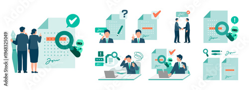 Professional business people using AI contract review solution to analyze documents and signing with confidence for digital transformation workflow and legal technology efficiency.