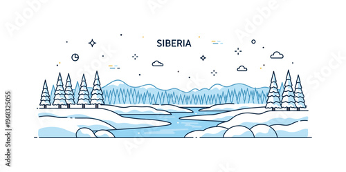 Siberia winter landscape scene where snow-covered forests and frozen rivers stretch into the horizon while small sparkle and line icons emphasize cold,