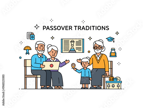 Passover traditions family storytelling scene where elders recount the Exodus story while small sparkle and line icons emphasize memory, education, and