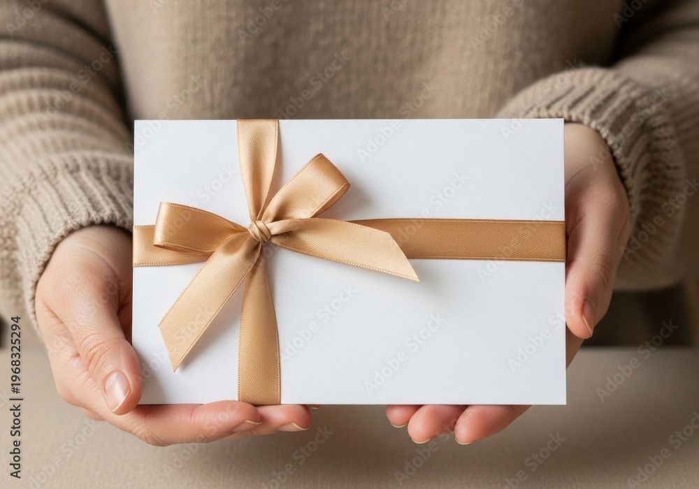 Obraz premium A person wearing a beige sweater holding a white envelope decorated with a golden satin ribbon bow