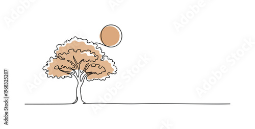 Sepia Illustration. Minimalistic one-line drawing tree and sun scene with warm sepia tone suggestion, continuous single black line on white background, simple