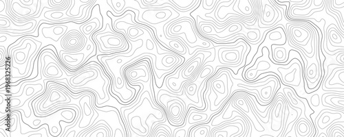 Topographic map contour lines pattern with thin grey lines on a white background representing elevation and terrain data in a seamless style