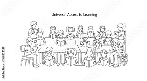 Universal Access to Learning. Minimalistic one-line drawing children with books in inclusive classroom, continuous single black line on white background,
