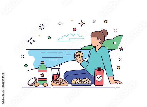 Ocean breeze coastal picnic concept where people enjoy snacks by the sea while tiny sparkle and star icons highlight relaxation, freshness, and