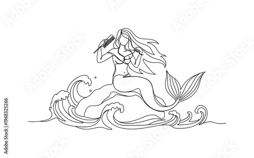 Seaside Mermaid. Minimalistic one-line drawing mermaid perched on rock combing long hair with waves around, continuous single black line on white background,