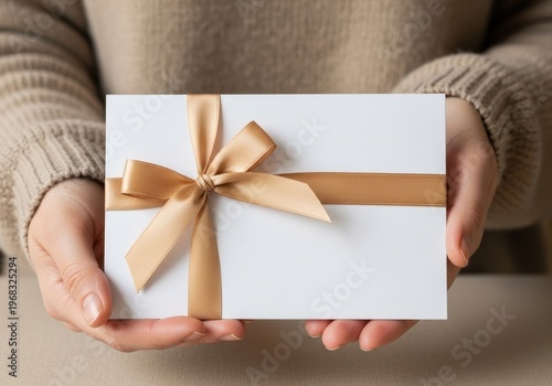 A person wearing a beige sweater holding a white envelope decorated with a golden satin ribbon bow