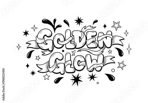 Golden Glow. lettering and all elements in black. Vector style. AWhite background. Pure white background. Perfect isolation and visual consistency. Funky