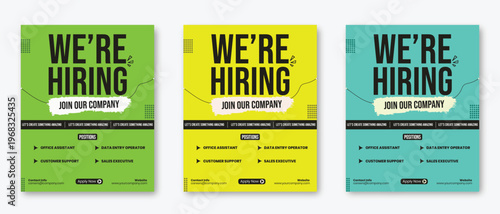 We are hiring bold recruitment poster with vibrant green yellow and teal background modern typography layout job vacancy announcement for office assistant data entry operator customer support sales 