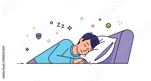 Pillow nap time scene where a person leans on a soft pillow on a sofa while tiny sparkle and star icons highlight comfort, relaxation, and well-being. The
