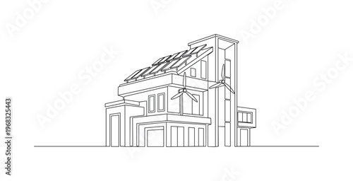 Green Energy Architecture. Minimalistic one-line drawing modern building using solar and wind power, continuous single black line on white background, simple