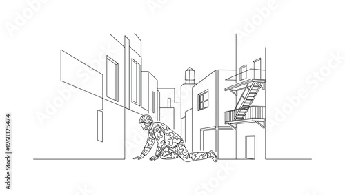 Urban Stealth. Minimalistic one-line drawing individual in camo blending into urban walls and structures, continuous single black line on white background,