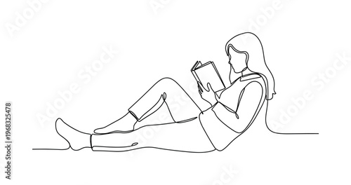 Reading Pose. Minimalistic one-line drawing individual reclining with book in hands, continuous single black line on white background, simple outline style, no