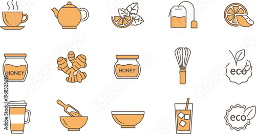 A collection of fifteen minimalist orange and grey icons depicting tea and honey related products