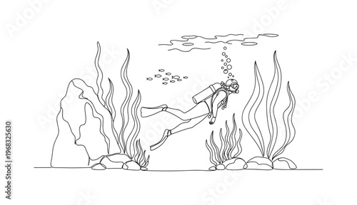 Ocean Explorer. Minimalistic one-line drawing scuba diver near underwater plants and rocks, continuous single black line on white background, simple outline