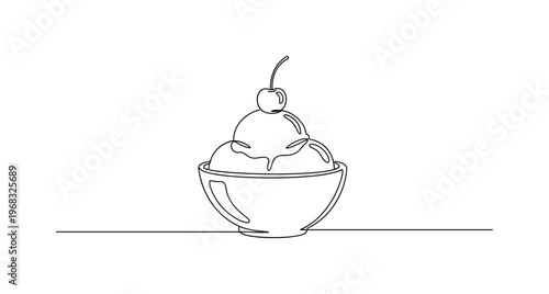 Ice Cream Sundae. Minimalistic one-line drawing ice cream in bowl with cherry on top, continuous single black line on white background, simple outline style,