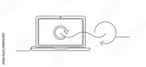 Auto-Renewal Concept. Minimalistic one-line drawing laptop displaying auto-renewal subscription, continuous single black line on white background, simple