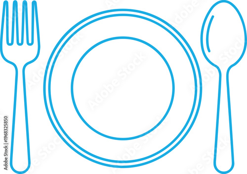 Minimalist blue outline illustration of plate with fork and spoon