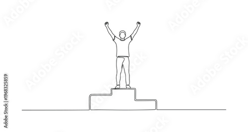 Winning Celebration. Minimalistic one-line drawing person on podium with arms lifted in triumph, continuous single black line on white background, simple