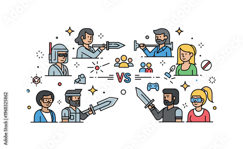 Game characters multiplayer battle scene where avatars of various classes face off while small sparkle and line icons emphasize strategy, action, and teamwork.