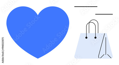 E-commerce, shopping, customer loyalty, online retail, love for shopping, consumer habits. A blue heart next to a shopping bag. E-commerce and shopping in the image