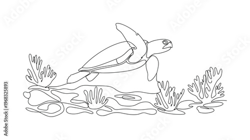 Coral Reef Turtle. Minimalistic one-line drawing sea turtle gliding over coral structures, continuous single black line on white background, simple outline